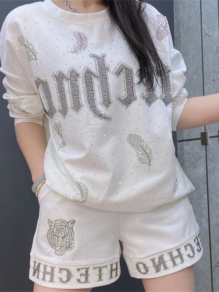Diamond studded women's elastic waist versatile shorts, women's summer high waist slimming Roman cotton wide leg hot pants