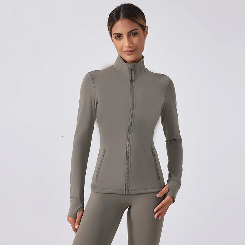 Stretch Gold Zipper Yoga Jacket Stand Up Collar Yogo Clothes Long-Sleeve Thumb Hole Training Running Sweateshirt Women Slim Fitness Coat Sports Outfit