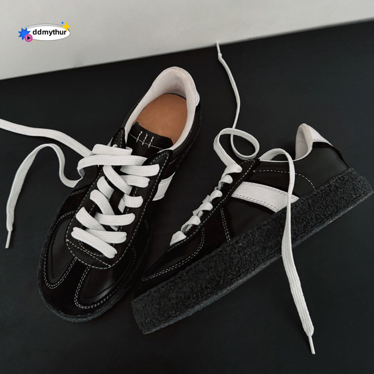 2024 Niche Black German Training for Women Thick Sole Round Toe Lace-up Genuine Leather Sports Casual Shoes Sneakers ddmythur