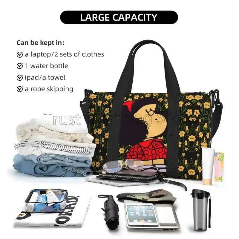 Cartoon Mafalda Print Carry on Travel Bag Medium Foldable Weekender Overnight Bags for Women Waterproof Sport Gym Yoga Bag W250618