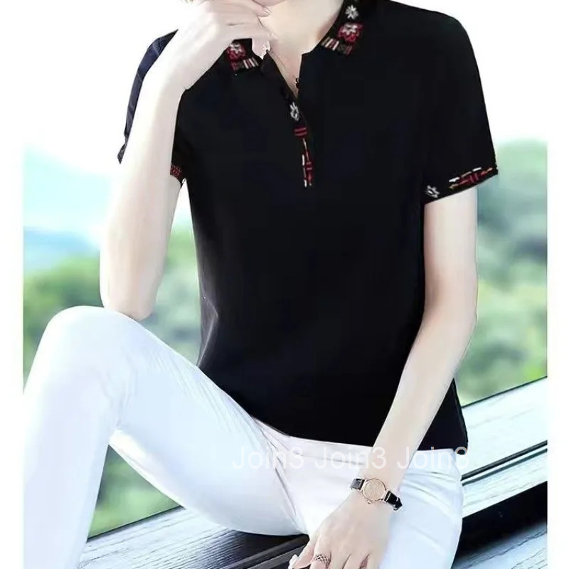 T-shirt Woman Plain Clothing Button Tops with Sleeves Polo Neck Shirts for Women Youth New Summer 2025 Y2k Fashion Synthetic V