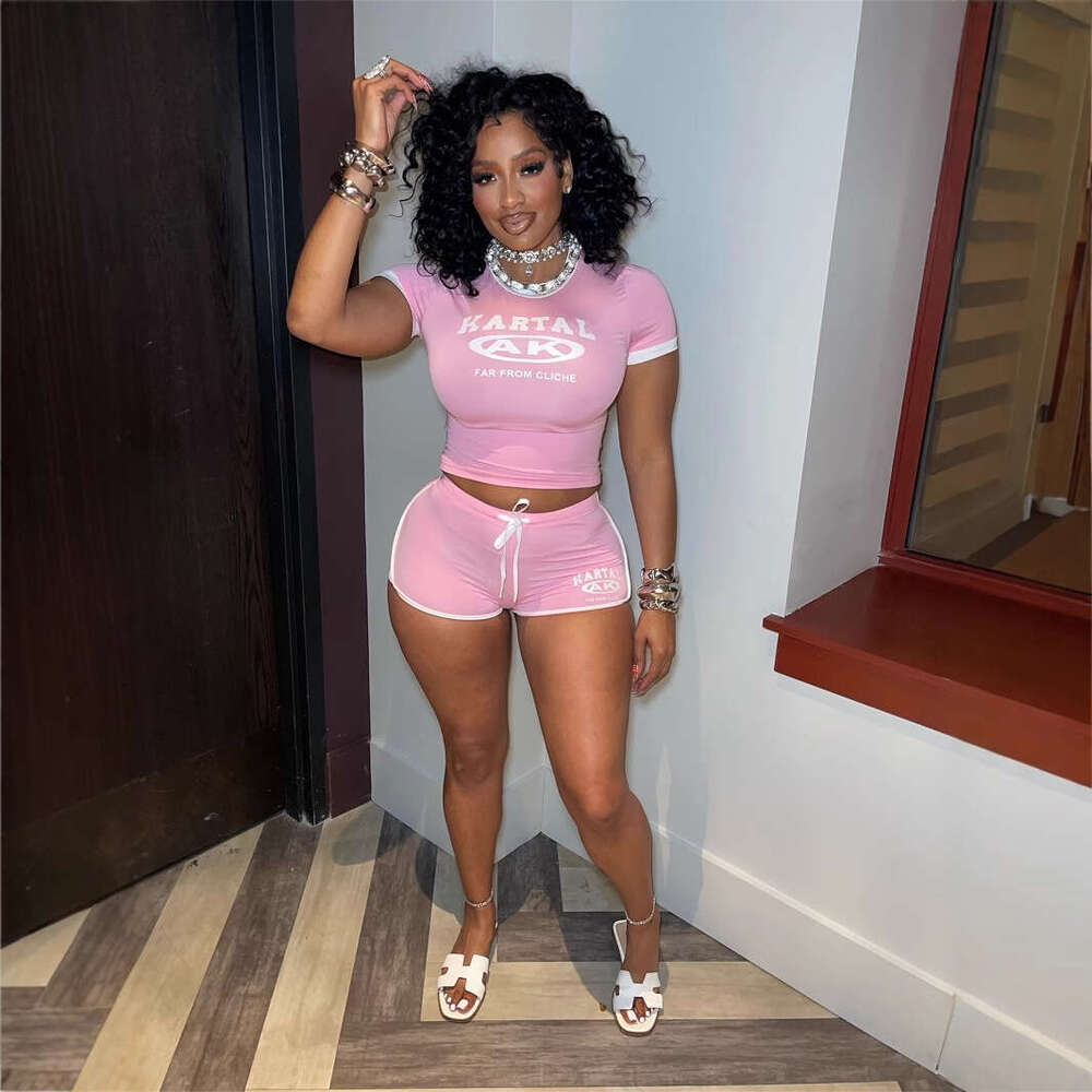 New Fashion Slim Fit Sexy Letter Print Elastic Sports Style Short Sleeve Tie Shorts Set For Women B5