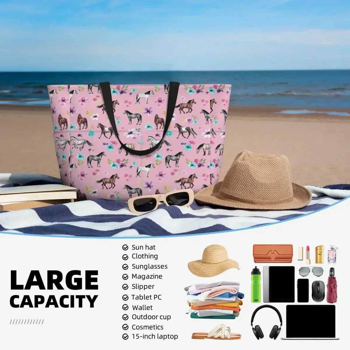 Horses And Flowers On Pink Equestrian Art Beach Travel Bag Tote Popular Large Capacity Out Birthday Gift Multi-Style Pattern W250618