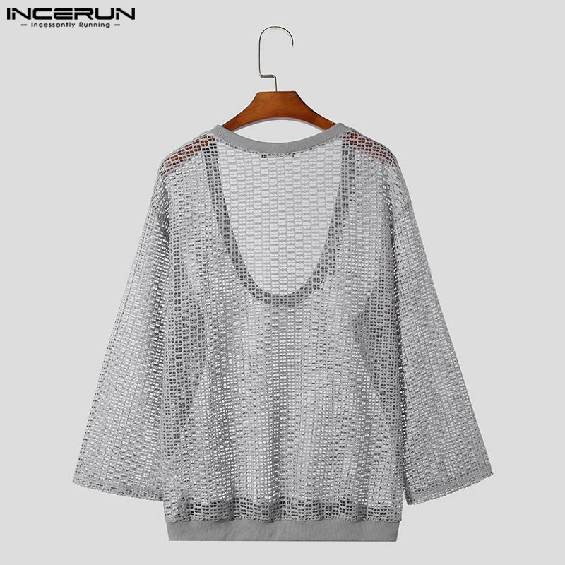 INCERUN Men T Shirts V Neck 3/4 Sleeve Mesh Transparent Sexy Casual Camisetas Streetwear Hollow Out Fashion Men Clothing 250617
