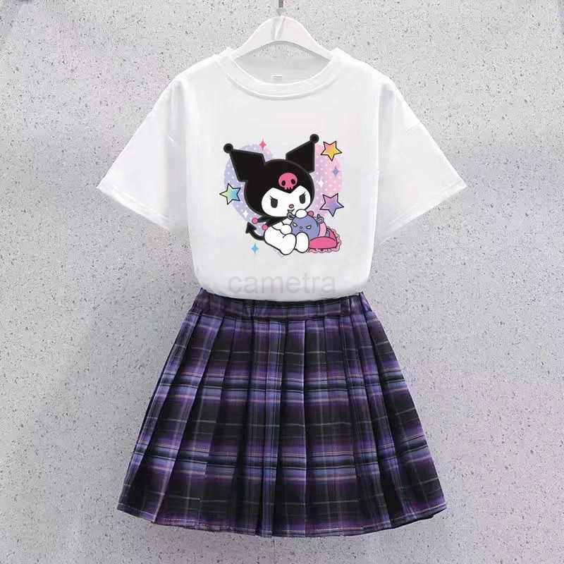 Sanrio Kawaii Kuromi Children T-shirt Pleated Skirt Two Piece Set MINISO Anime Lovely Student Summer Fashion Printing JK Uniform New XJ250618