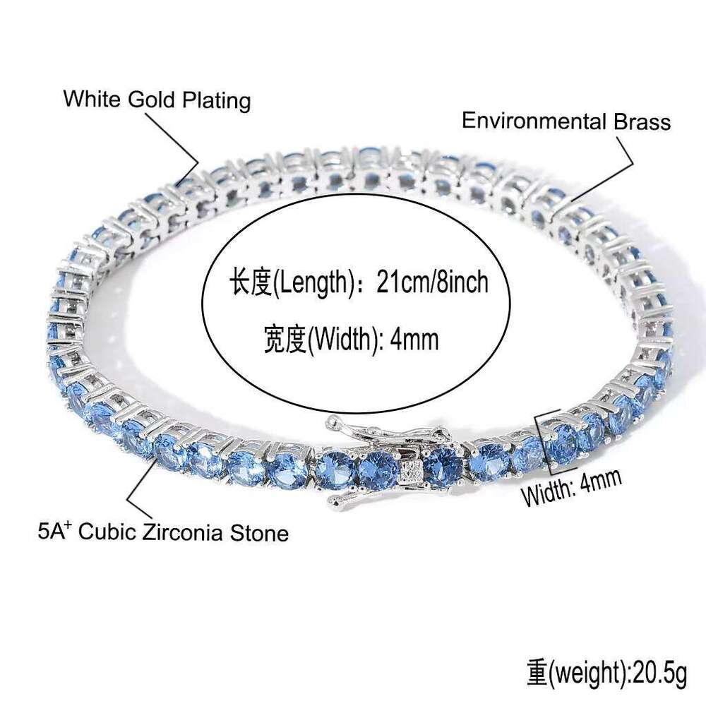 BES Jewelry 4mm Sea Blue Iced Out Tennis Chain White Gold Plated CZ Stone Bracelet with Zircon for Anniversaries