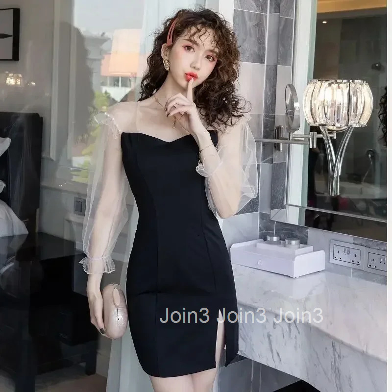 Short Mini Female Dress Night Club Open Back Backless Womens Long Sleeve Dresses Kpop High Quality Luxury Full Korean Style Xxl