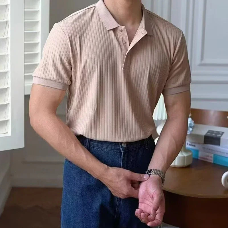 Male Casual Vintage Comfortable Lapel T-shirt Knitted Top 2025 Summer Men Trendy Striped Solid Color Short Sleeve Polo Shirt 250617