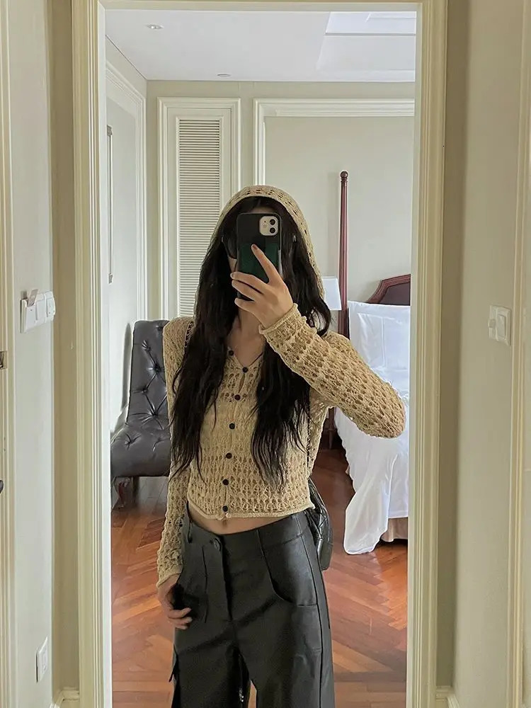 Fashion Cardigan Y2k Coat Solid Color Hollow Out Hooded Long Sleeve Short Smock Thin Summer Female Slim Womens Clothing 250617
