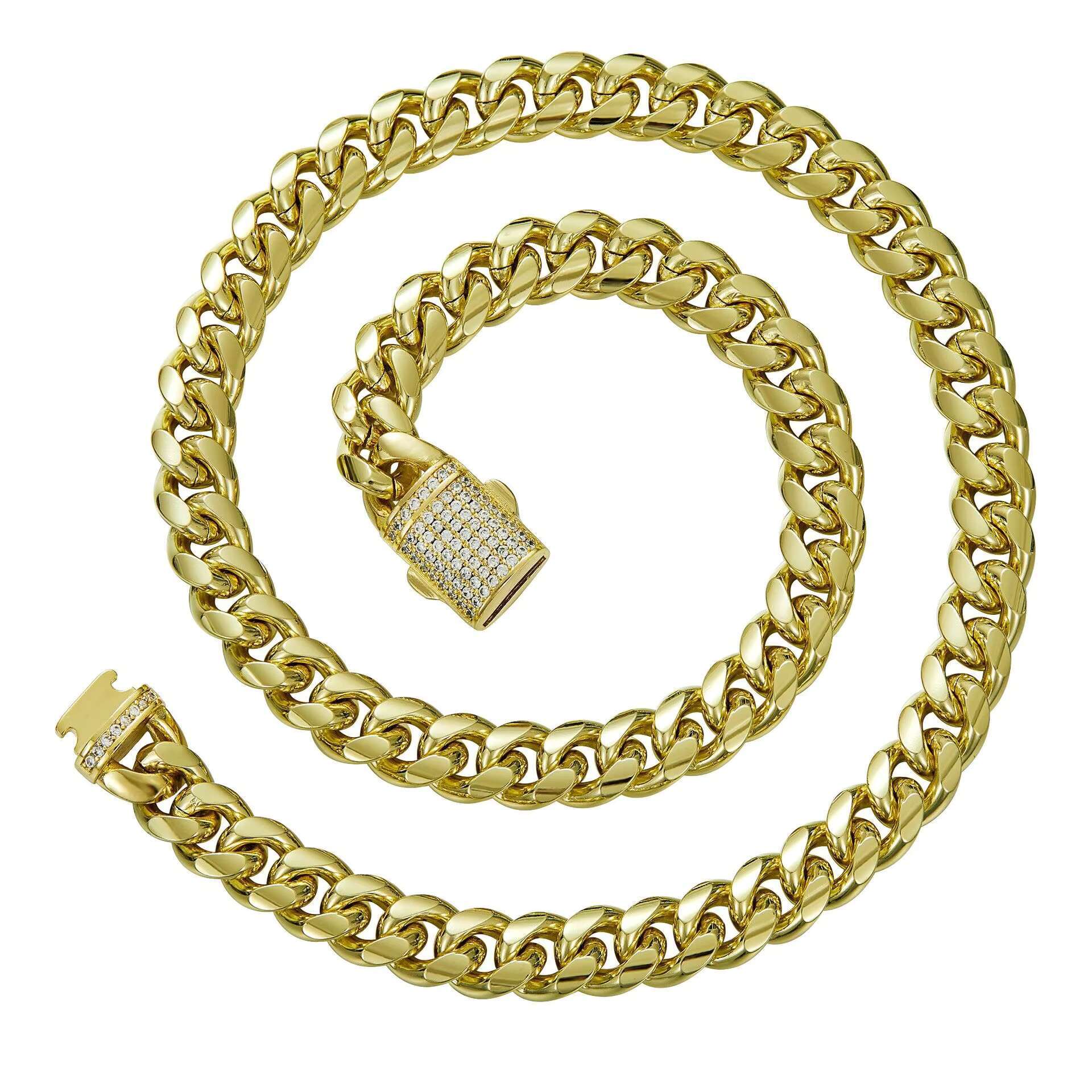 Mens Hip Hop Style Miami Cuban Link Chain 14K Gold-Plated Stainless Steel Trendy Fashion Jewelry Zircon Diamond Geometric