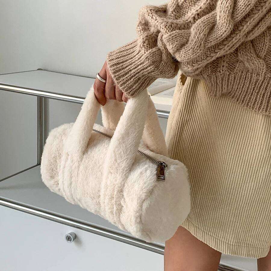 Autumn/Winter Cylinder Handbag Female Ins Fashion Boston Hand Plush Bag Stylish Soild Color Clutch Purse Bolso Mujer Sac A Main