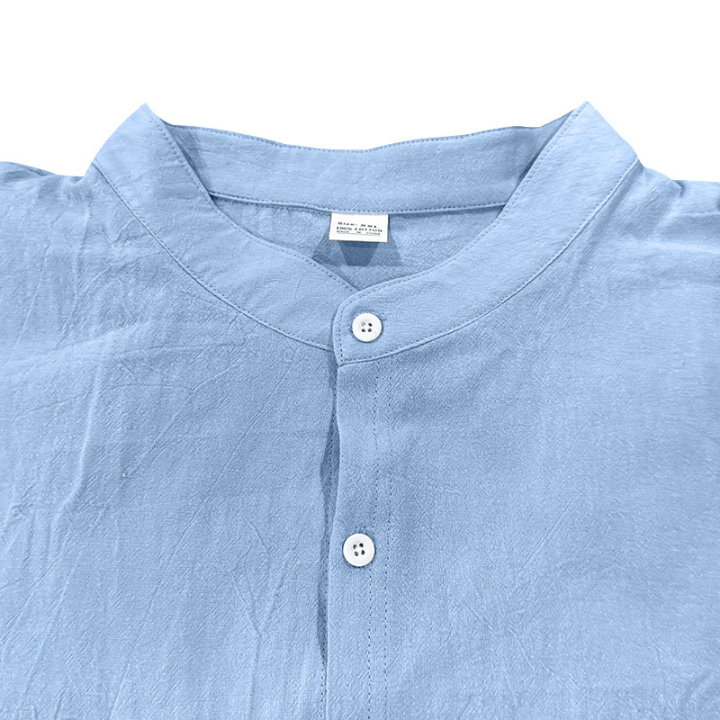designer t shirt Men's Hawaiian long-sleeved shirt with cotton and linen stand-up collar, breathable Henry collar, casual long-sleeved top Europe