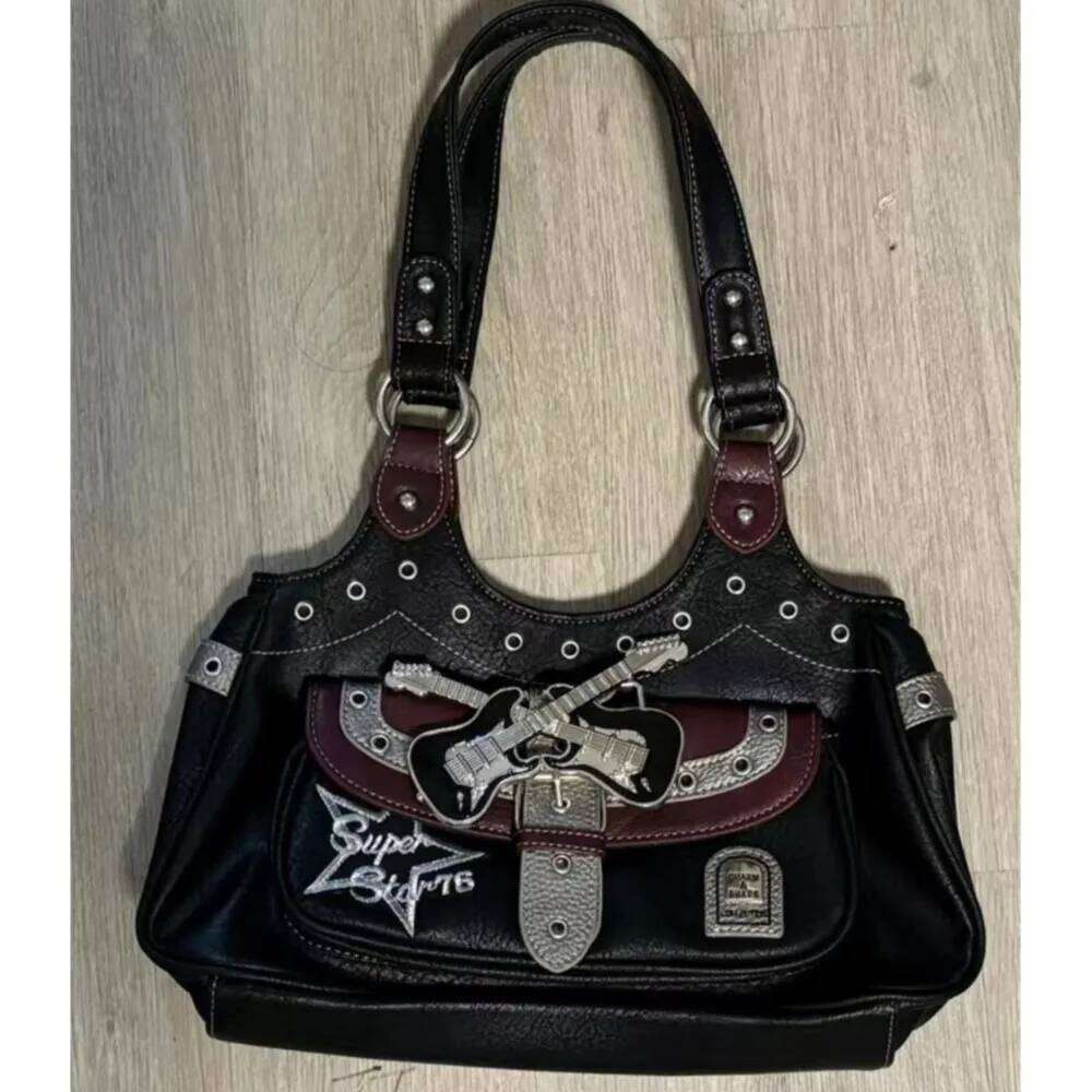 JIAERDI Gothic Punk Y2k Women Haruku Aesthetic Leather Patchwork Casual Handbag Female Vintage Black Shoulder Bags Chic