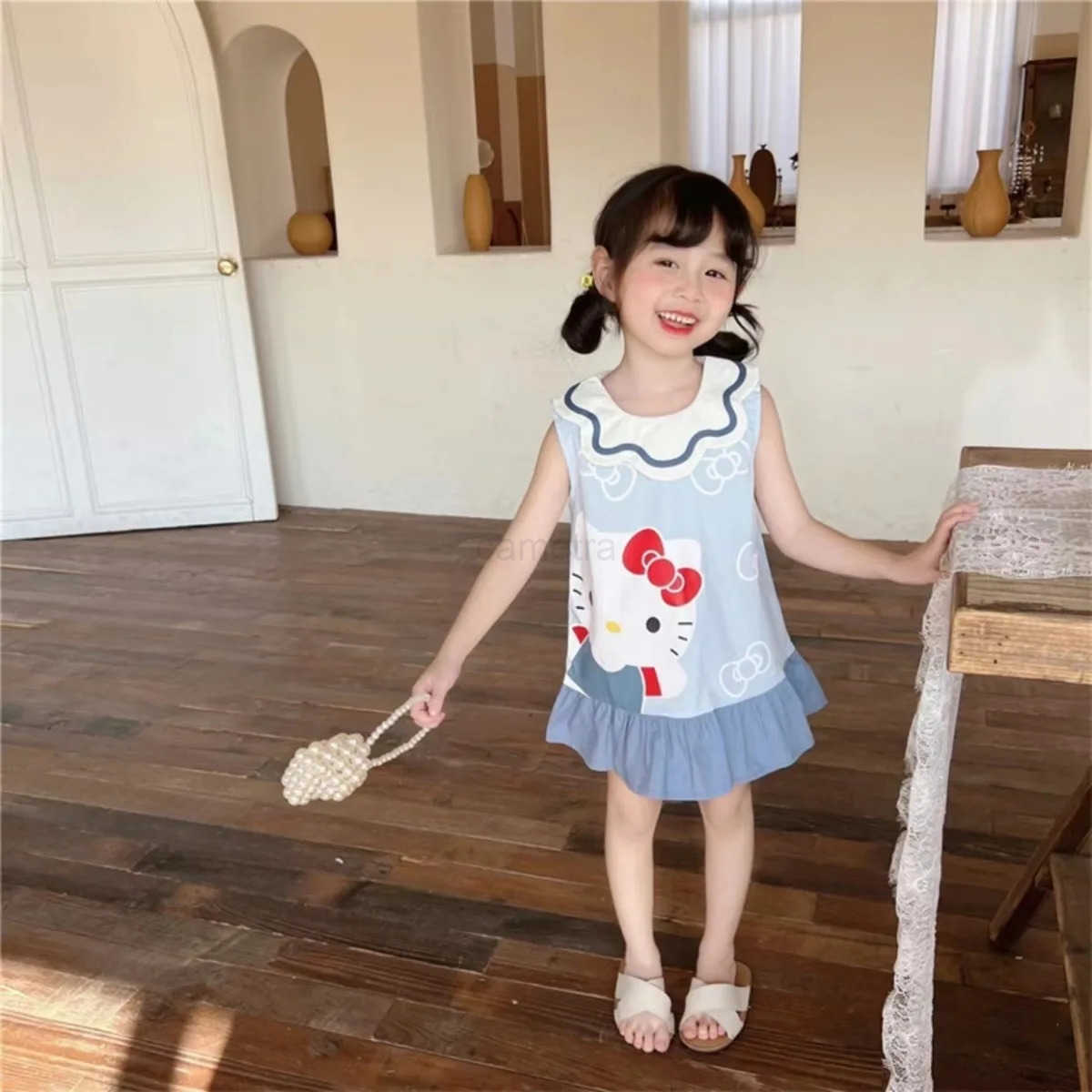 Sanrio Girls Princess Dress Children Cartoon My Melody Hello Kitty Petal Collar Dresses 2025 Summer Kids Sweet Cute Vest Skirt ClothesXJ250618
