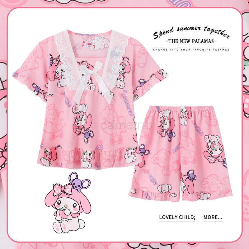 Sanrio Childrens Pajamas Short Sleeved Set Little Girl Pit Stripe Short Sleeved Shorts Kuromi Little Girl Home Clothing Summer Clot XJ250618XJ250618