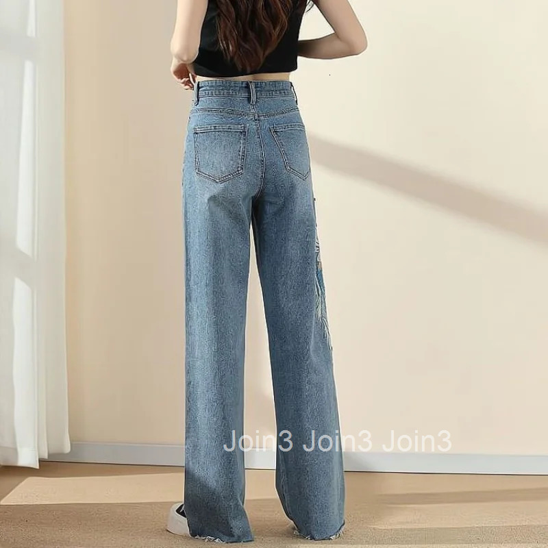 Womens Jeans Straight Leg Pattern Trousers Embroidered Pants for Women Graphic With Print Denim Summer Basics Korean Style Gyaru