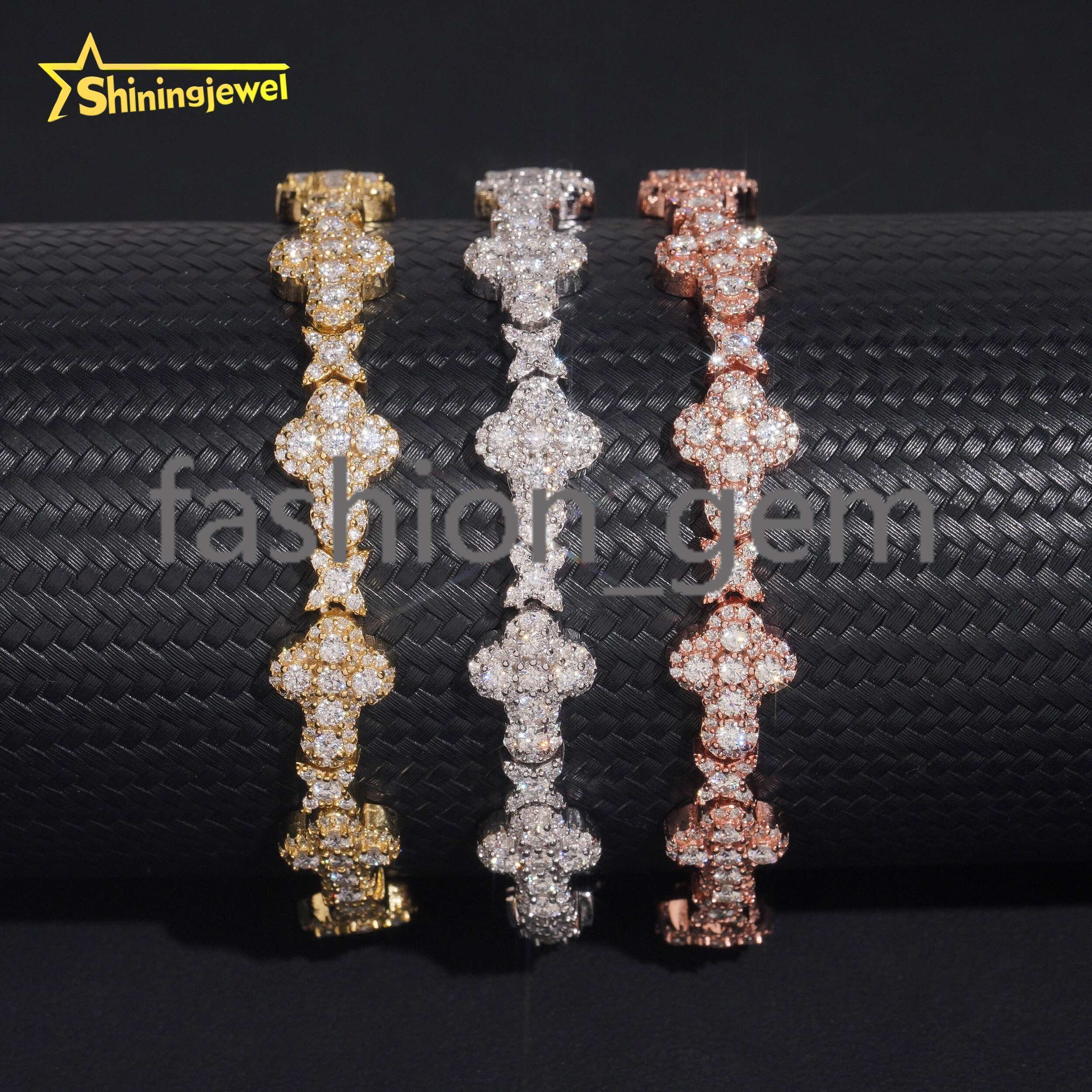 Wholesale Custom Clover Brand Elegant Four-Leaf Clover 925 Silver Gold Plated 10mm Cross Moissanite Bracelet