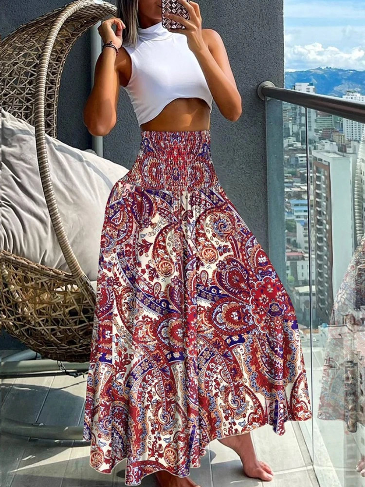 Boho Print Skirts For Women Summer Casual Elastic High Waist Aline Big Swing Long Dress Vacation Beach Party Skirt Robe 250617