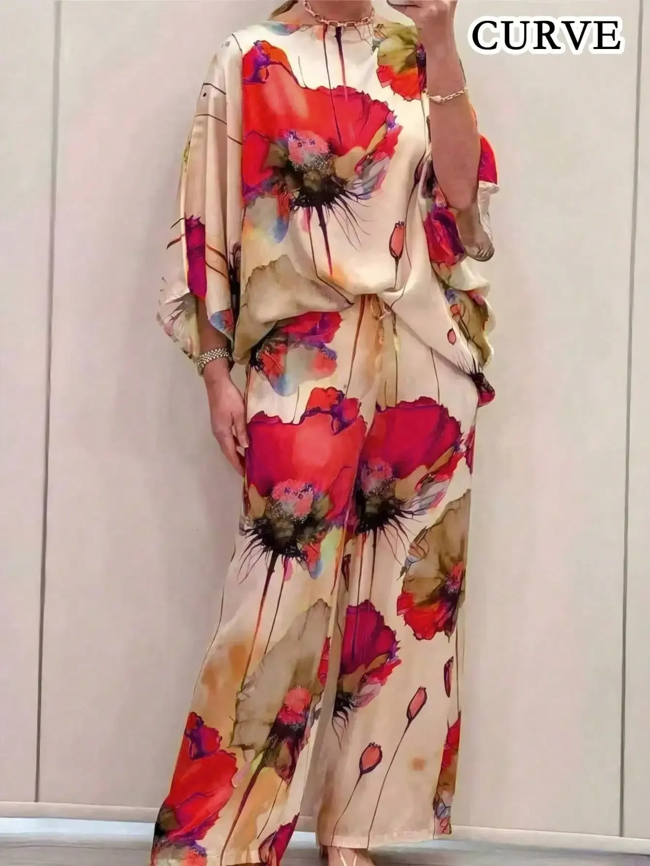 Plus Size 1XL5XL Womens Fashion Floral Print Round Neck Top and Long Pants Sets Ladies Casual and Relaxed Twopieces Sets y250609