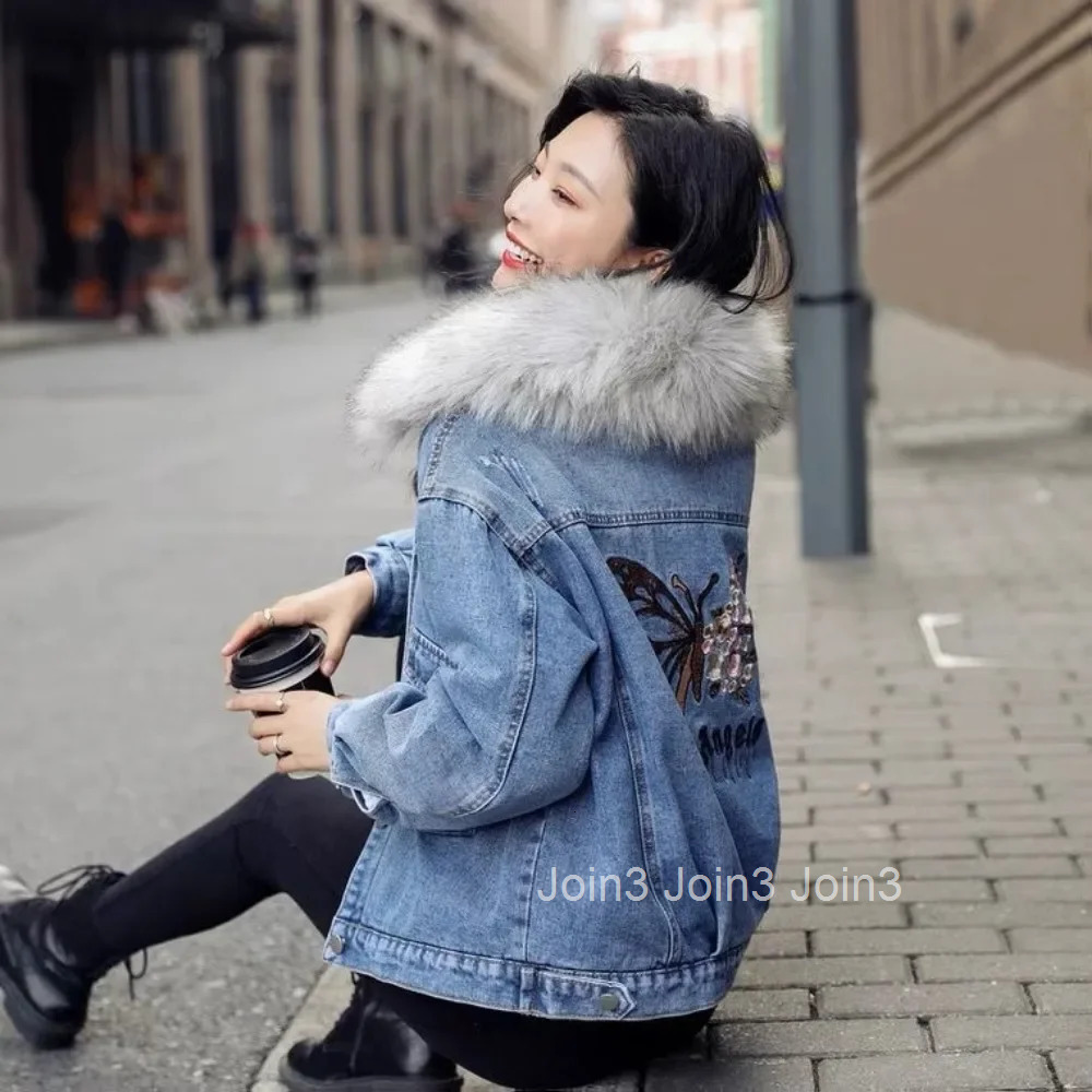 Warm Cowboy Coat Woman Embroidered Long Sleeve Winter 2025 Denim Jacket for Women Cold Y2k Clothes Youthful Low Cost Designer