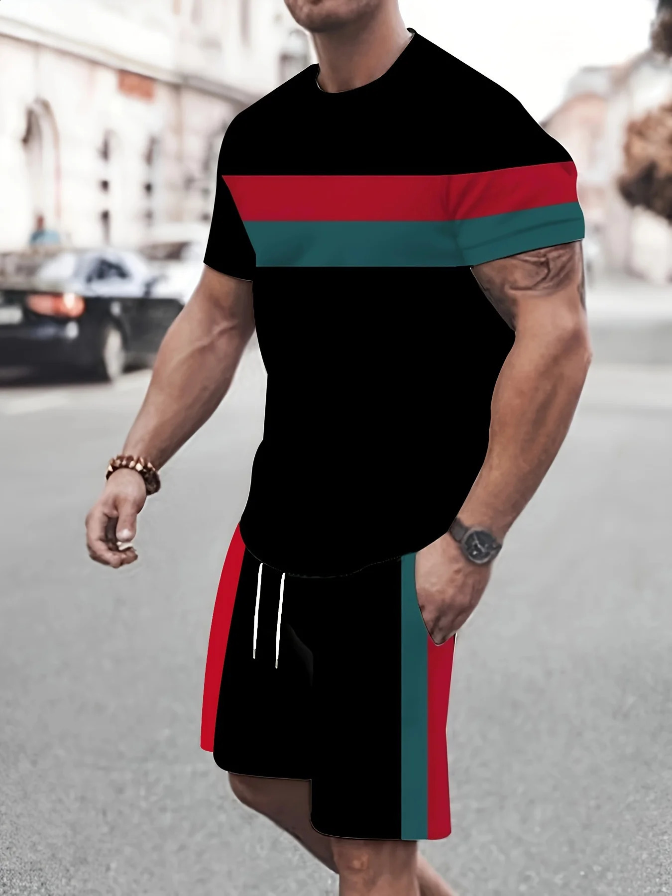 Summer vocation Mens Tshirt Set 3D Print Solid Color Men Round Neck TShirt Shorts Two Piece Casual Man Suits Clothing 250614