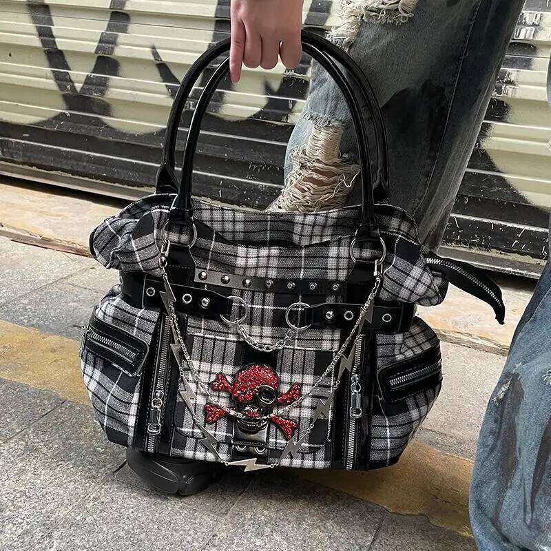 MBTI Plaid Y2k Womens Shoulder Canvas Punk Chains Fashion Tote Bag Aesthetic Haruku Style Casual Commuter Female Handbag
