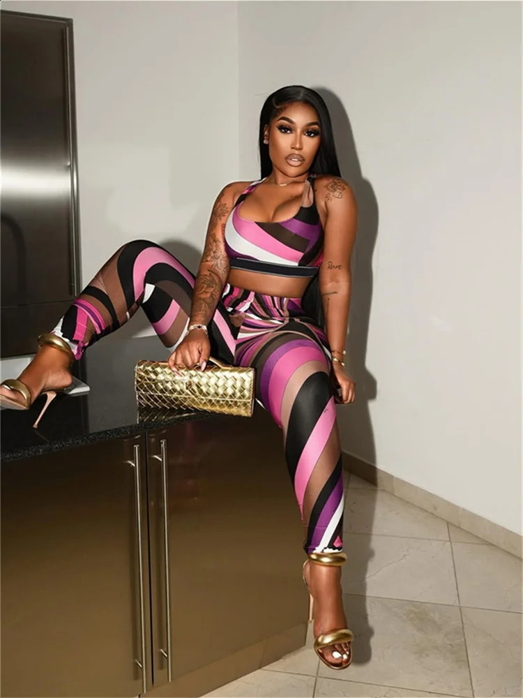 Weird Puss Fashion Patchwork 2 Piece Set Women Square Collar Tank TopsSkinny Peach Hip Pants Midnight Sexy Club Party Outfits 250617