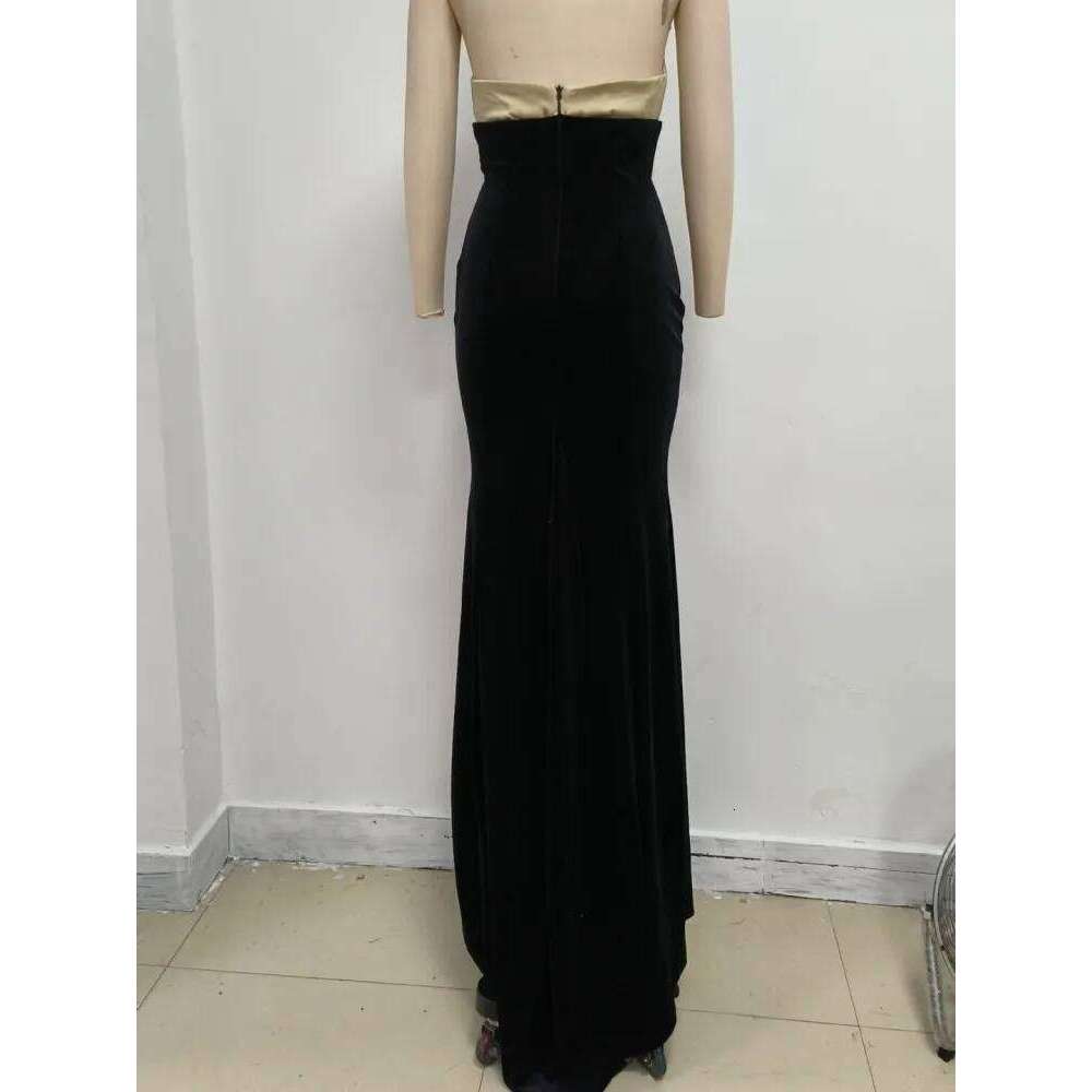 Women Celebrity Sexy Veet Strapless Patchwork Black Maxi Long Fishtail Skirts Elegant Evening Club Party Outfit