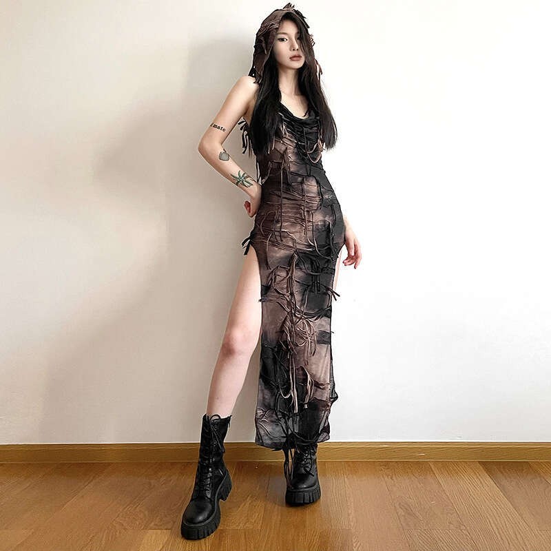 Summer New Women's Solid Color Slim Fit Street Fashion U-Neck Sleeveless Split Dress B5