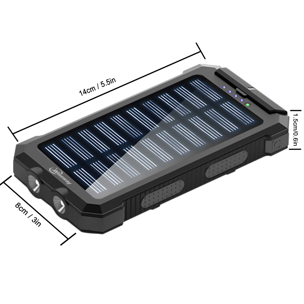 Winsway 10000mAh outdoor solar power bank, built-in two LED searchlights, compass, mountaineering clip for charging 3 devices, dedicated for mountaine