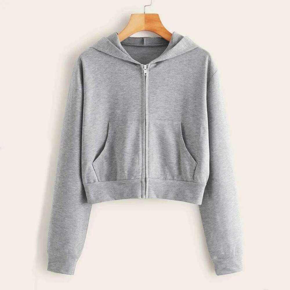 Women's Zip-Up Hoodie, Casual Long Sleeve Off-Shoulder Short Sweatshirt, Solid Color, with Pockets