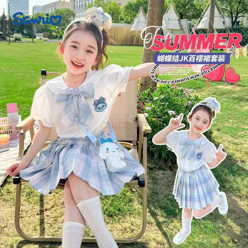 Sanrio 2025new Sanrio Cinnamoroll Jk Pleated Skirt Two-Piece Set Children Birthday Party Costume Gift Girls Summer Clothes Dress SuitXJ250618