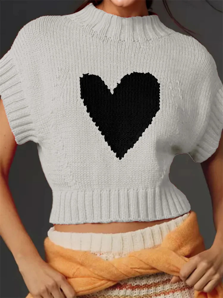 CHRONSTYLE Womens Short Sleeve Sweaters Heart Pattern High Neck Crop Knitted Pullovers Tops Casual Streetwear Party Jumpers 250614
