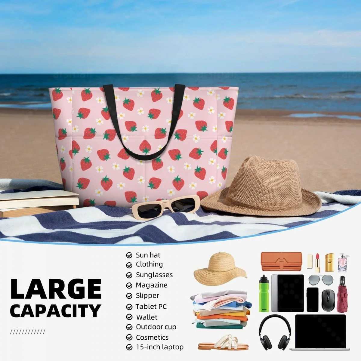 Strberry Travel Tote Bag Large Sandproof Beach Bag with Zipper and Pockets for Wens Brother Gym and Travel B250618