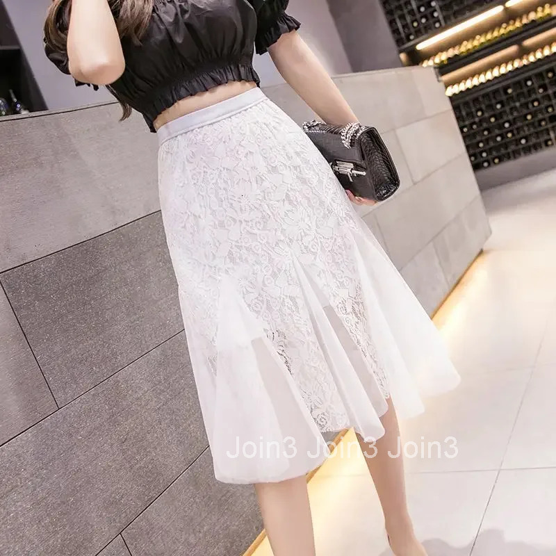 High Waist Midi White Tulle Patchwork Lace Mesh Skirts for Women Summer 2025 Aesthetic V Clothing Trend Harajuku Woman Skirt