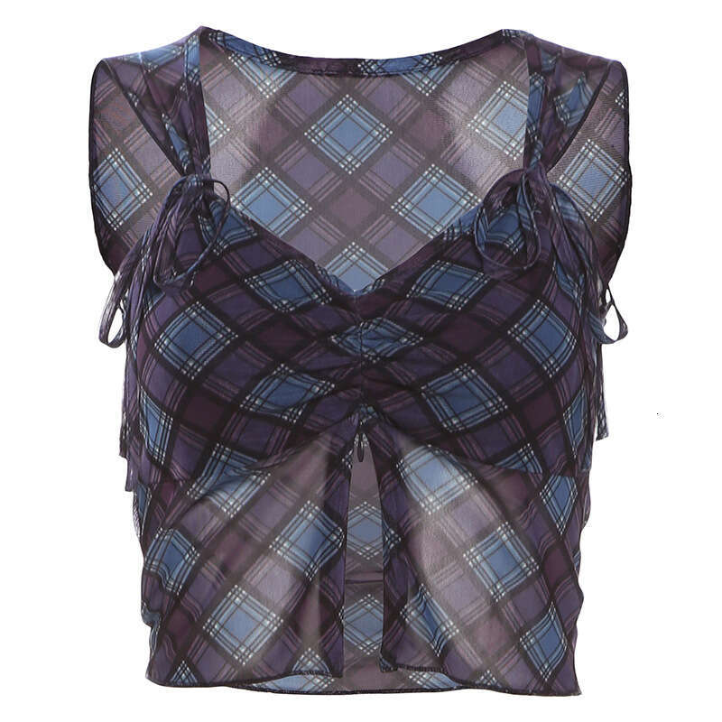 Summer New Women's Fashion Solid Color Slim Fit Camisole Vest And Plaid Skirt Set B5