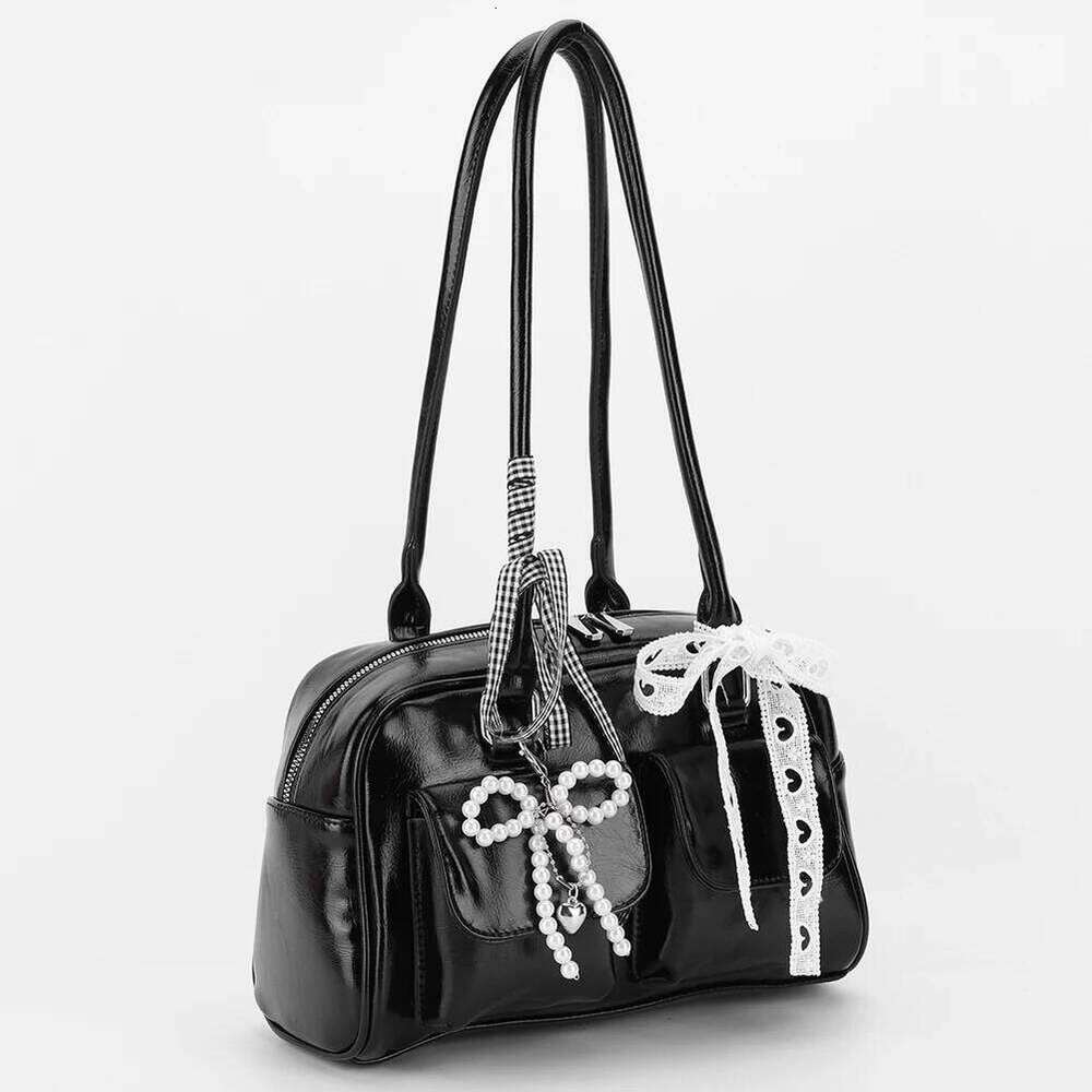 Vintage Bowling PU Leather Boston For Women Korean Version Fashion Shoulder Bag Double Pockets Handbag With Inner Pocket