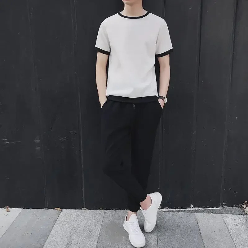 Male T Shirt Trousers Sets Sweatshirts Plain Tracksuit Mens Pants Set Sweatsuit Offer Premium Casual Elastic Tee Stylish 250617