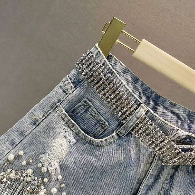 Wear Denim Shorts Women's Summer Clothes New European High Waist Thin Heavy Industry Beaded Sequined Fringed Broken Copper Jeans