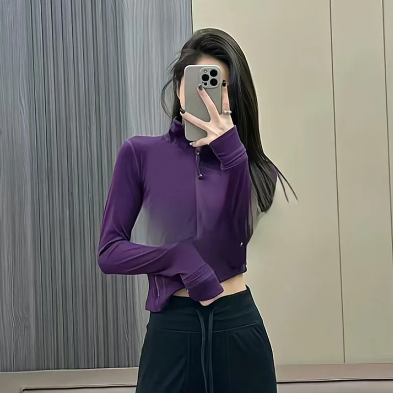 Cropped Gold Zipper Yoga Jacket Stand Up Collar Yogo Clothes Long-Sleeve Thumb Hole Training Running Sweateshirt Women Slim Fitness Coat Sports Outfit