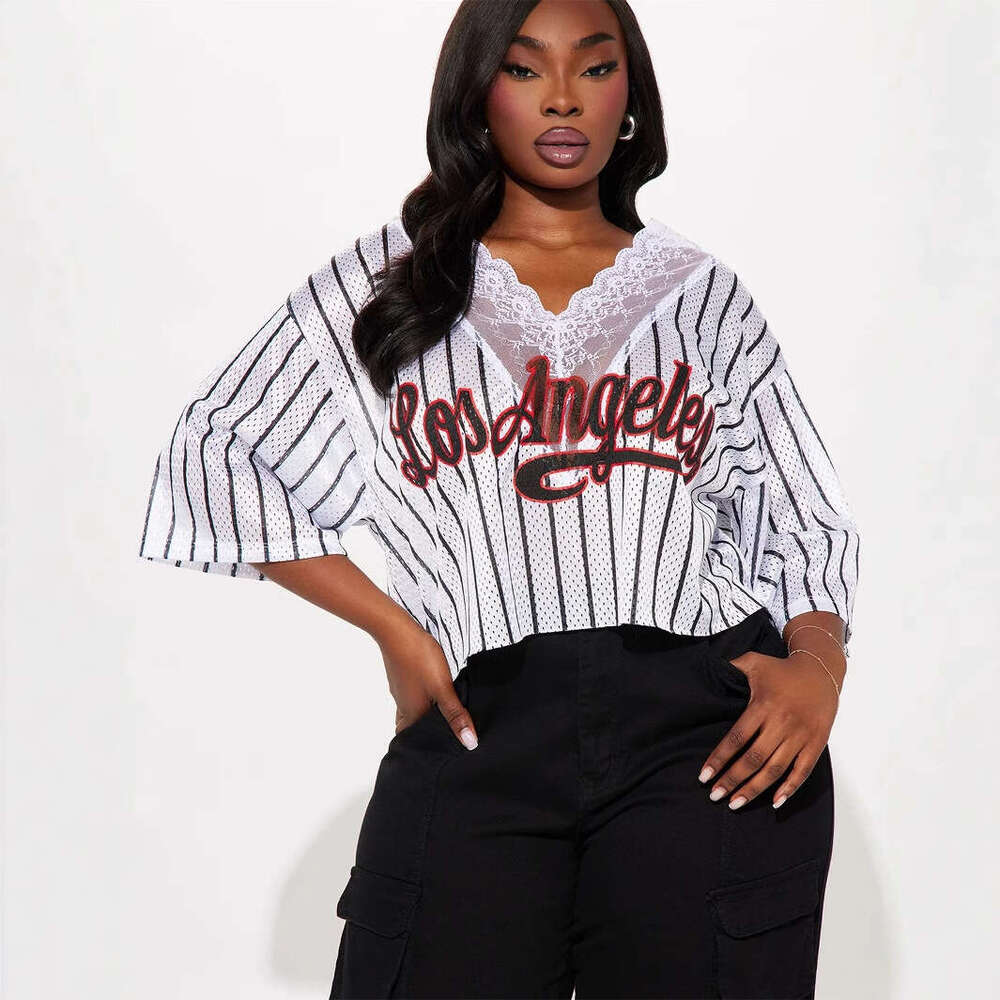 Autumn New V-Neck Patchwork Lace Loose Casual Striped Short Sleeve Top T-Shirt For Women B5