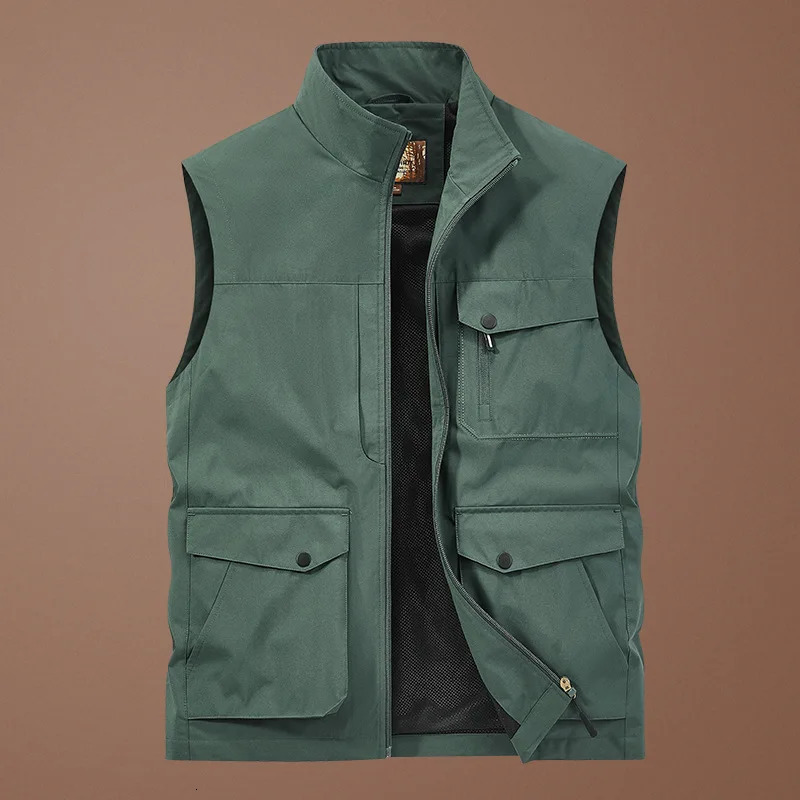 Mens Thin Tooling Loose Quick Drying Vest Mens Outdoor Sports Coat Multi Pocket Stand Collar Vest Spring Camping Fishing Vest 250617