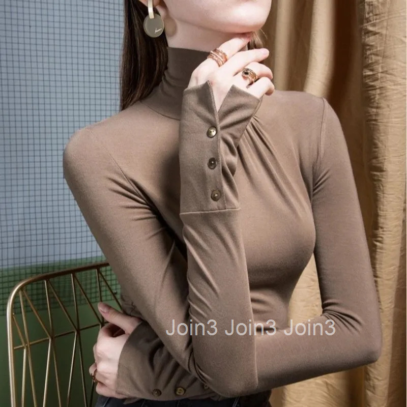 Slim Woman T-shirt Brown 2025 Crop Top for Women Turtleneck Tshirt New Arrivals Clothing One Piece Pulovers Old Causal Xxl O Tee