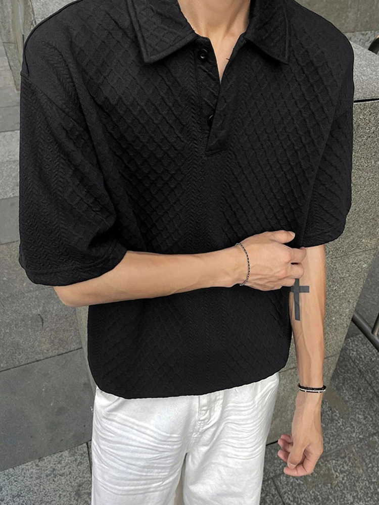 Fashionable Mens Short Sleeve Plaid Texture Polos 2025 Summer Casual Buttoned Lapel Polo Shirt For Men Outdoor Vintage Polo Tops 250617