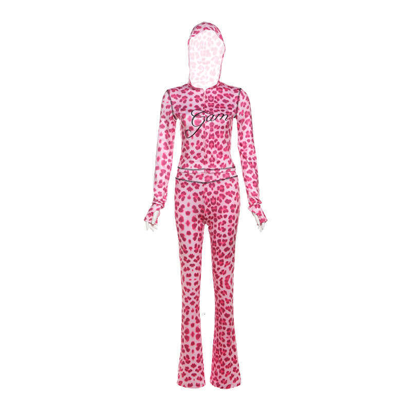 Autumn New Casual Versatile Sexy Leopard Print Hooded Long Sleeve Cardigan Top And Pants Set B5