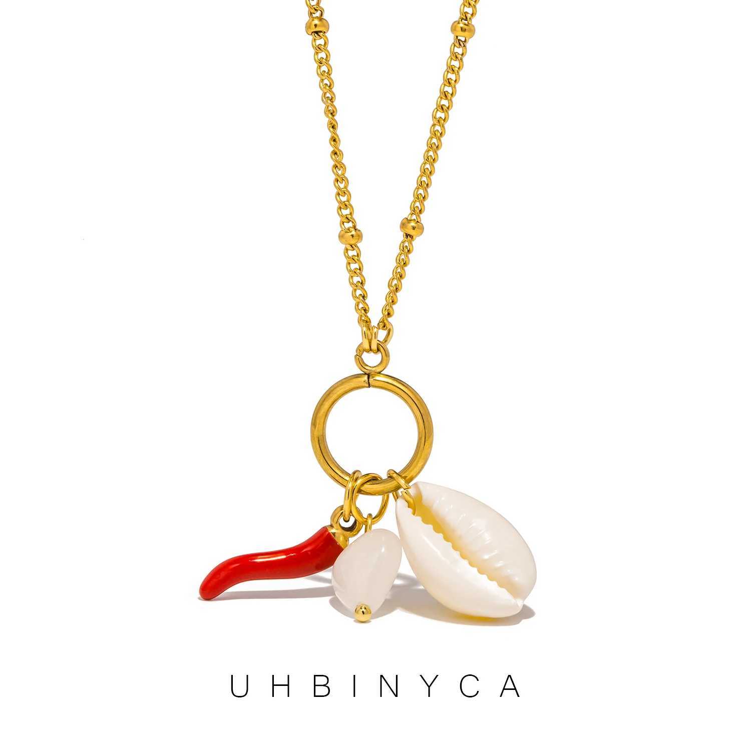 Red Chili Enamel Dangle Natural Stone Shell Pendant Fashion Gold Color Stainless Steel Chains Necklaces for Women Jewelry Gift W250618