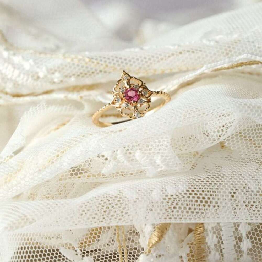 Pink Lady Exquisite Hollow Red Tourmaline Same Style Light Luxury Versatile Ring Women's Gift