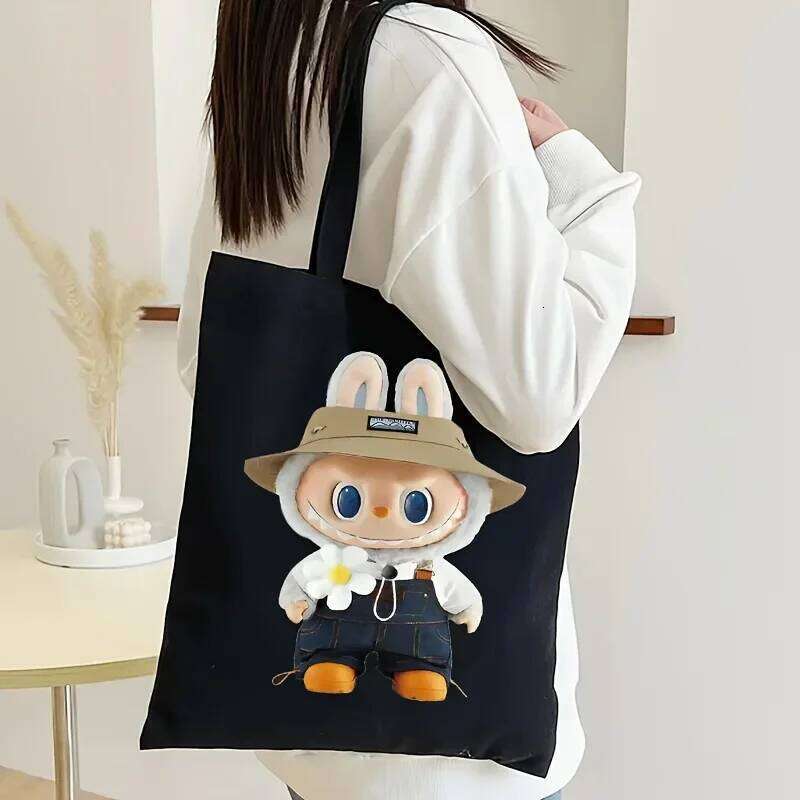Labubu Print Canvas Tote Versatile Style Durable Women's Reusable Daily Commute Shoulder Bag For Shopping