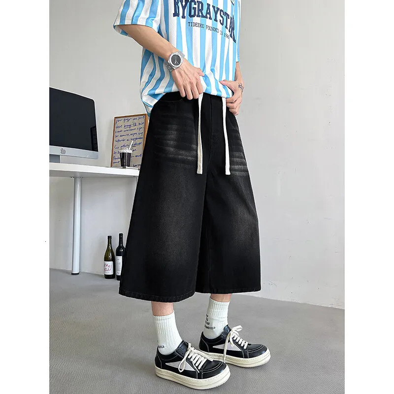 Loose Fit Cropped Jeans Elastic Drawstring Waist Stretch Denim Casual Wear Comfort Men Baggy Denin pants man Fashion Trendy 250617