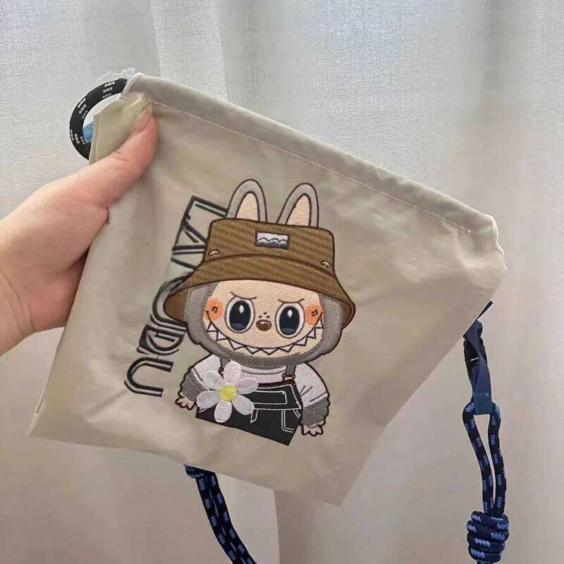 Mini Embroidered Canvas Labubu Zipper Single Shoulder Crossbody Bag Womens Portable Lightweight Mobile Phone Coin Wallet